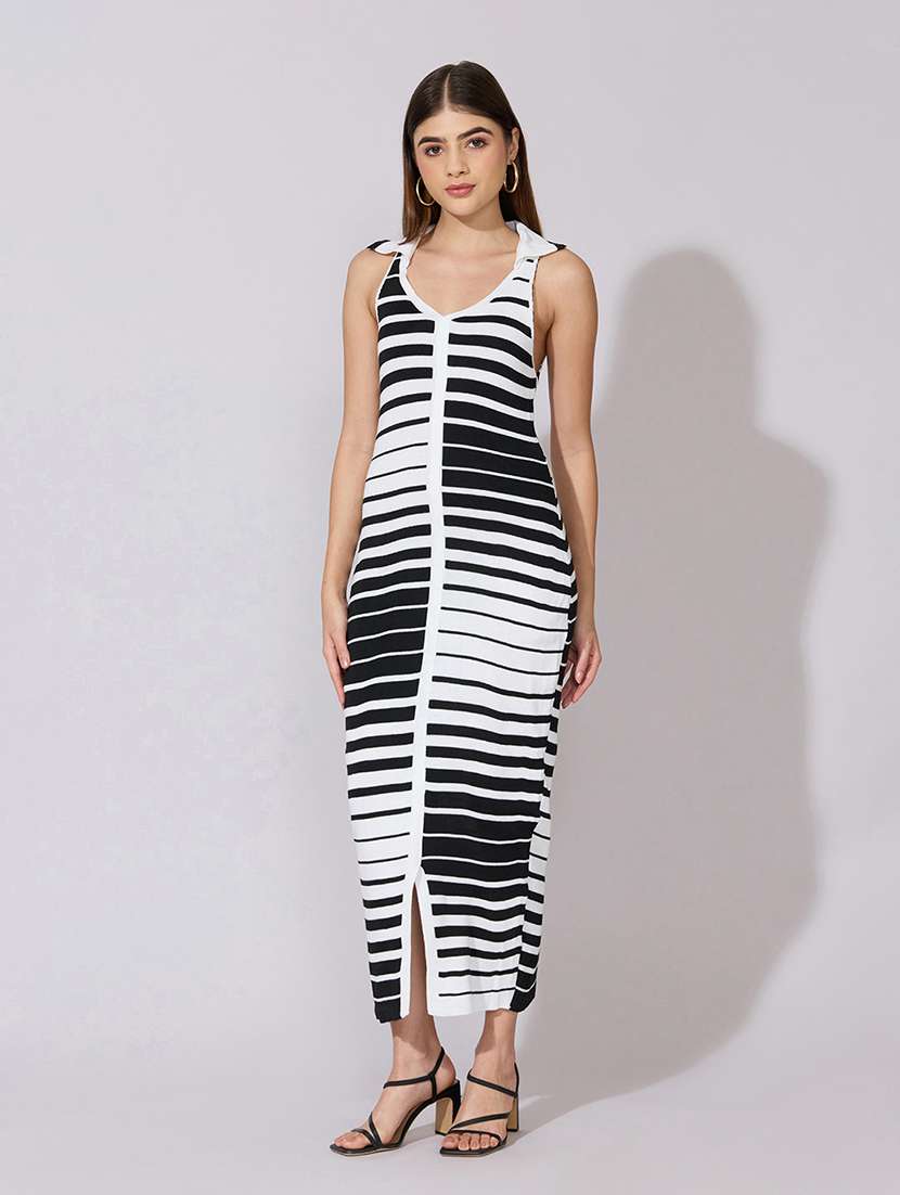 women striped collared sleeveless bodycon dress