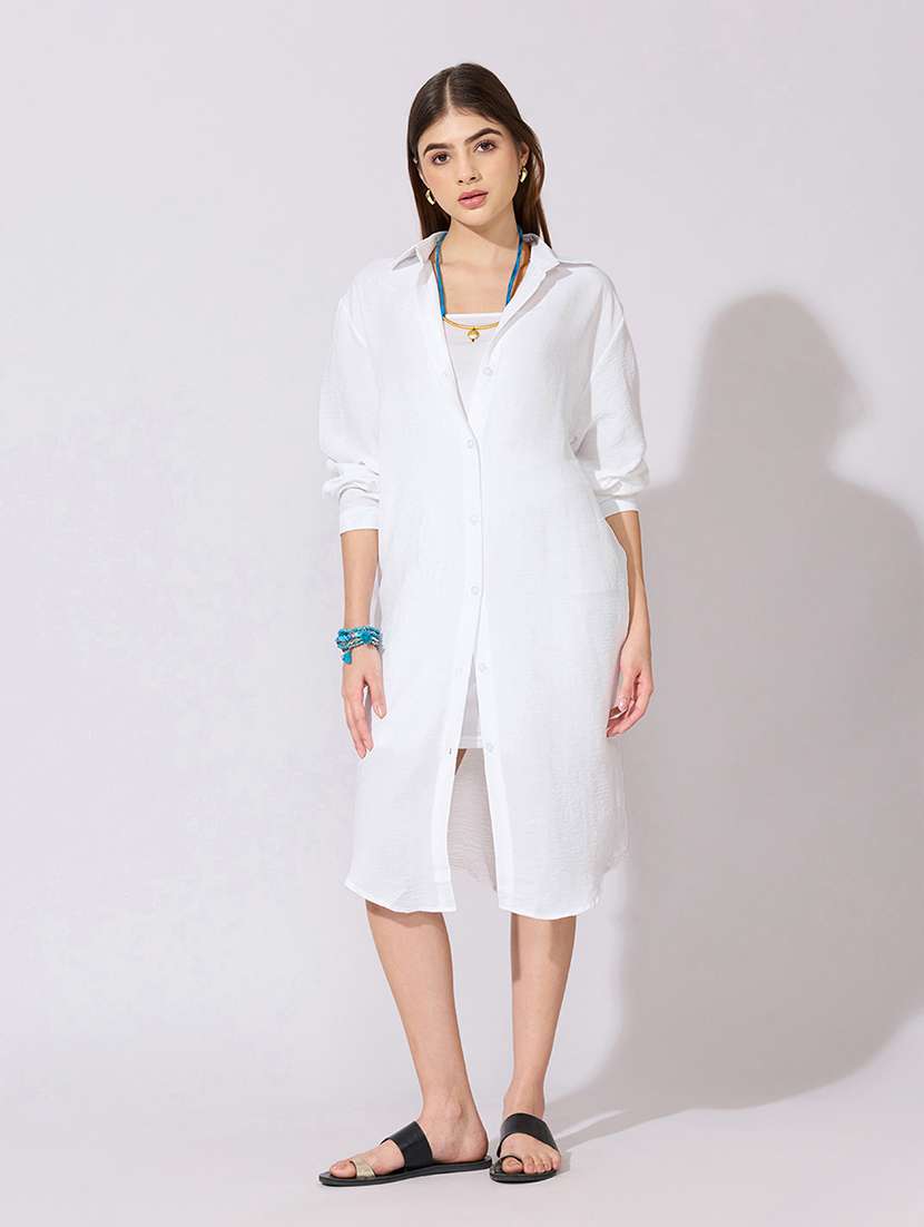 women solid collared long sleeve shirt dress - 22381169 -  Standard Image - 3