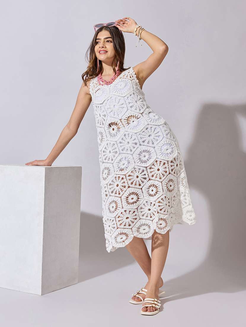 women self designed sleeveless crochet a-line dress