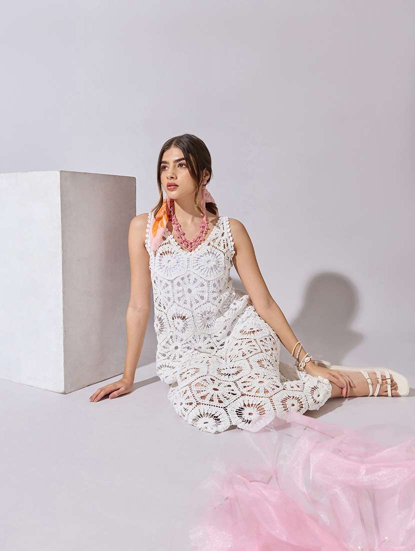 women self designed sleeveless crochet a-line dress - 22381177 -  Standard Image - 5