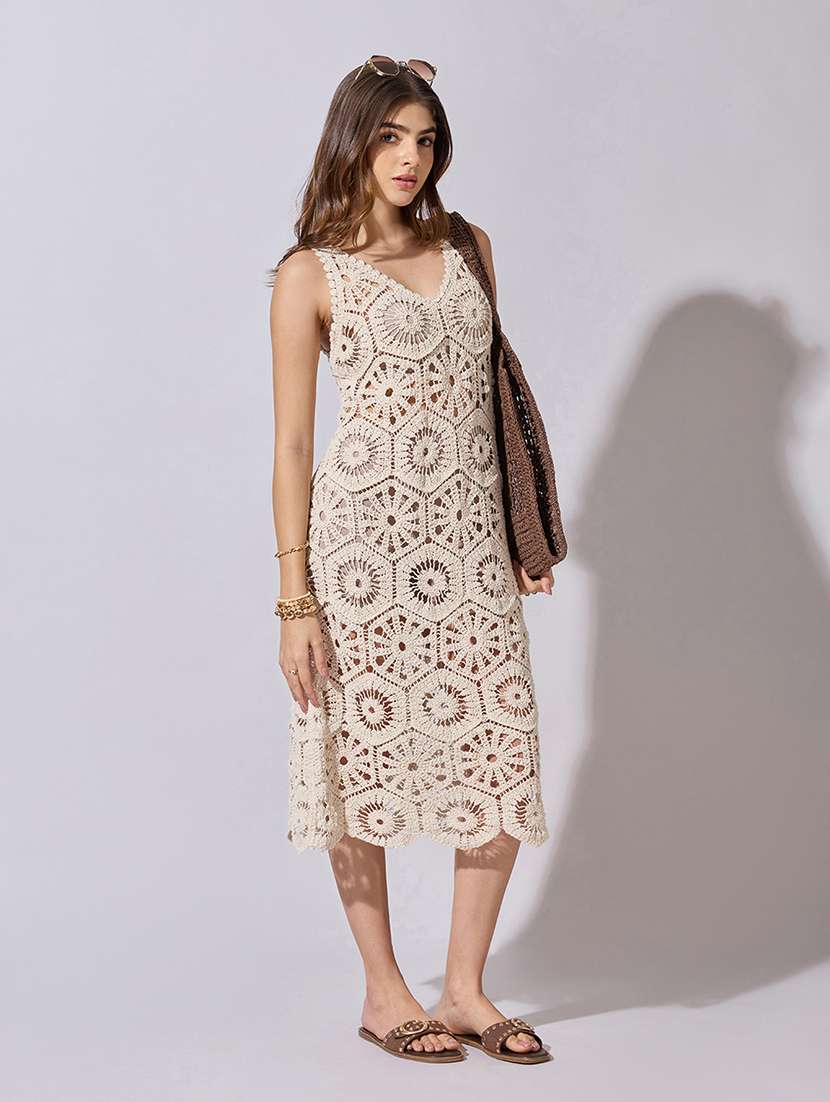 women self designed sleeveless crochet a-line dress