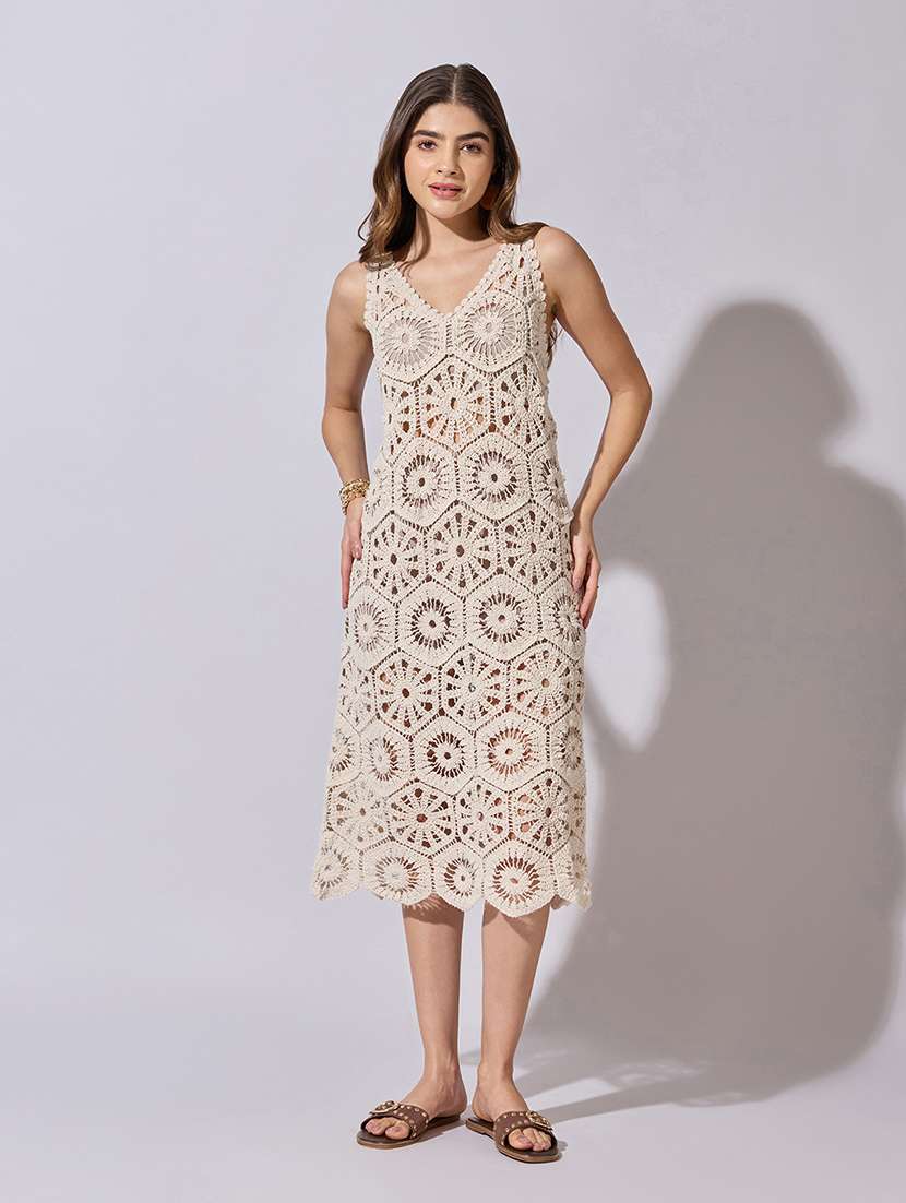 women self designed sleeveless crochet a-line dress - 22381178 -  Standard Image - 3
