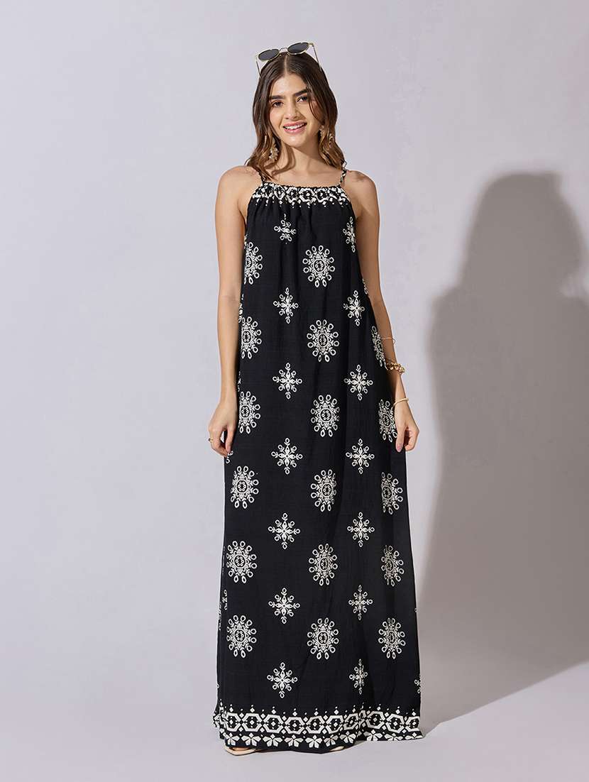 women embroidered shoulder strap a-line dress