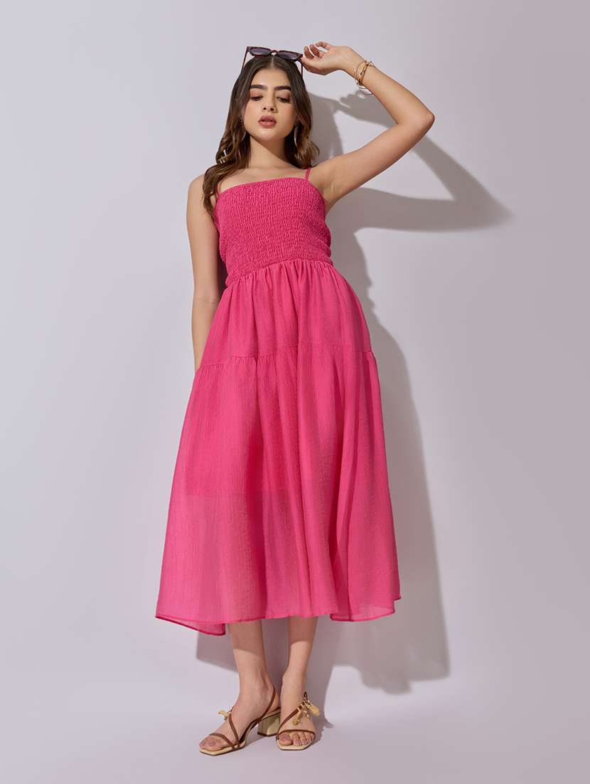 women solid shoulder strap tiered dress