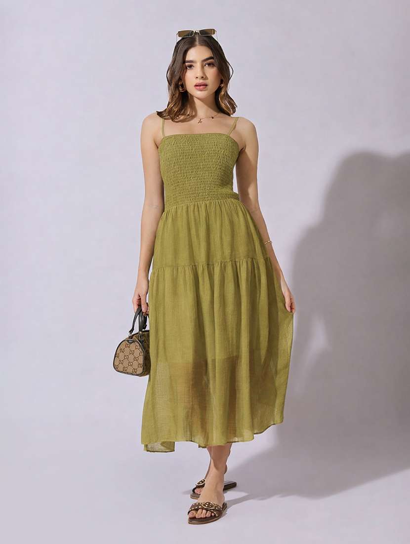 women solid shoulder strap tiered dress