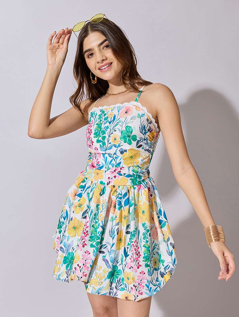 women floral print shoulder strap ballon dress