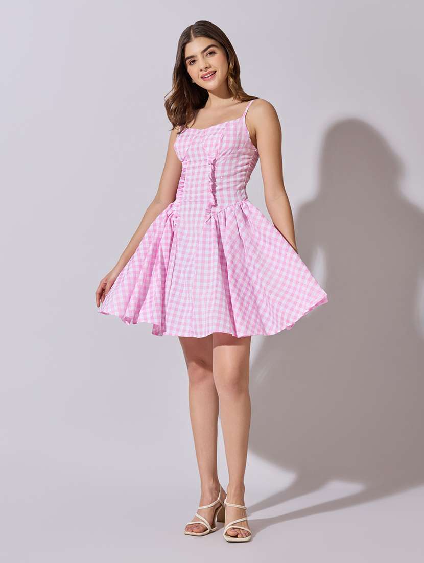 women checkered shoulder strap fit & flare dress