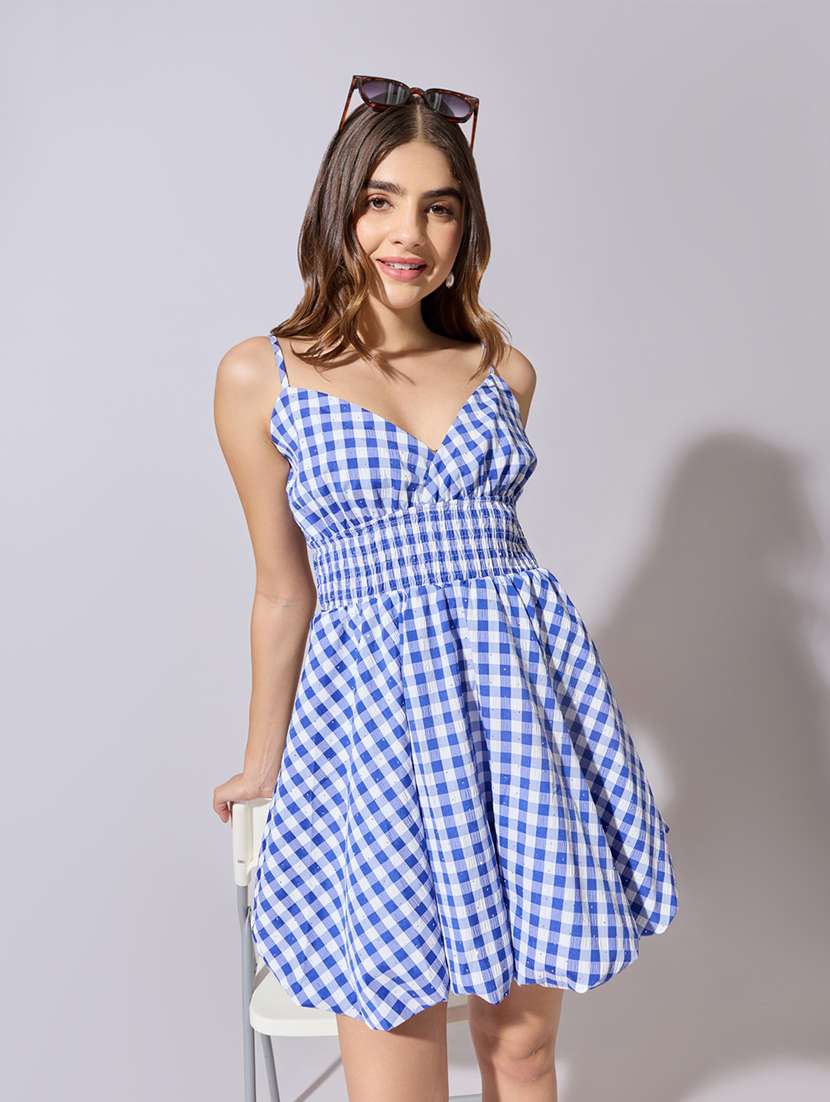women checkered shoulder strap ballon dress - 22381200 -  Standard Image - 3