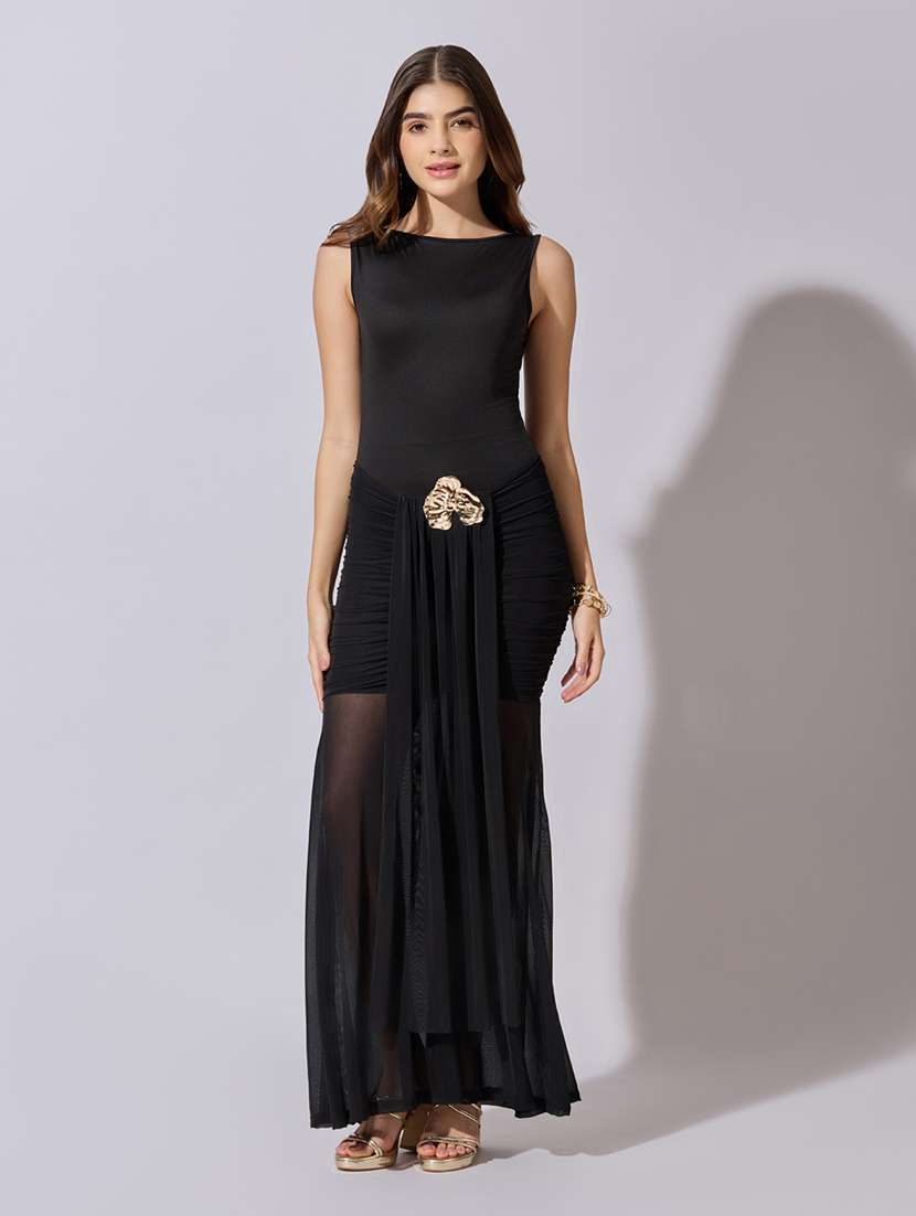 women solid sleeveless ruched with mesh detailed dres