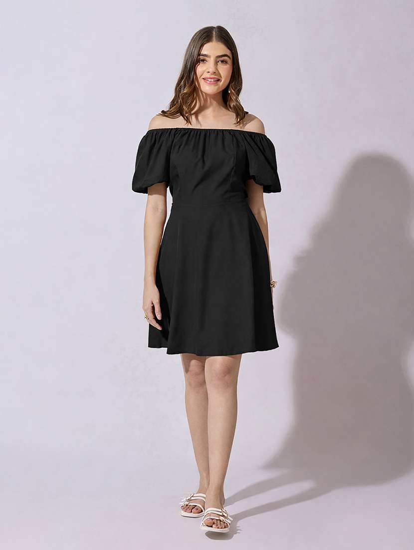 women solid off shoulder back tie fit & flare dress