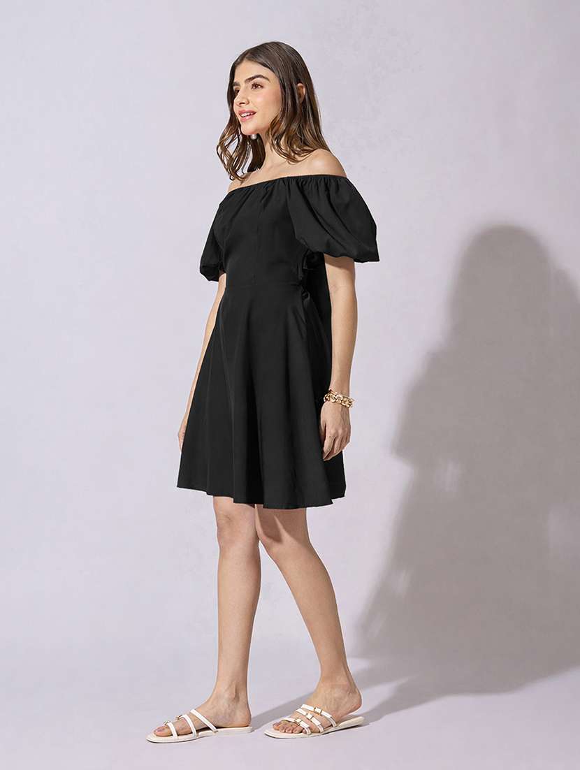 women solid off shoulder back tie fit & flare dress - 22381213 -  Standard Image - 3