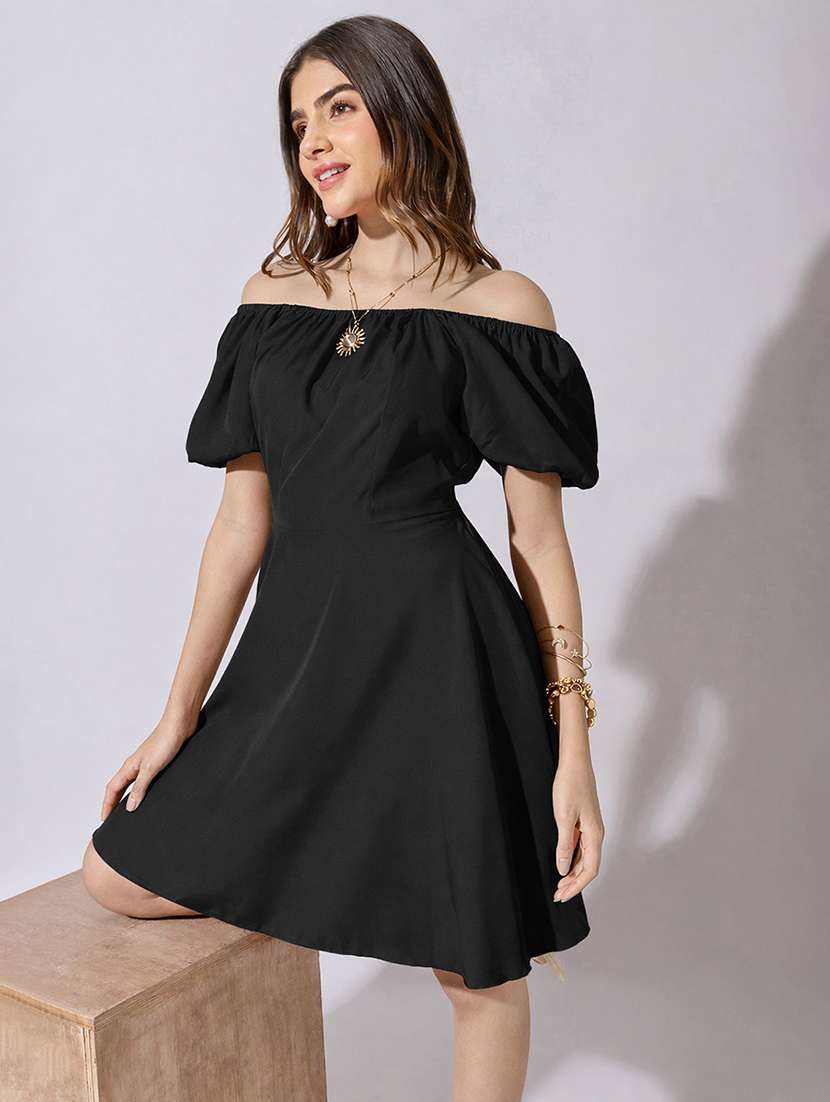 women solid off shoulder back tie fit & flare dress - 22381213 -  Standard Image - 5