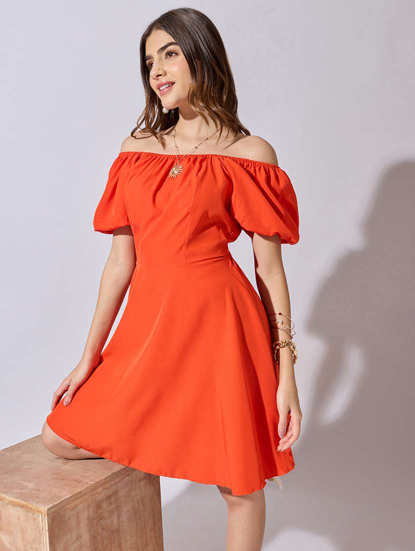 women solid off shoulder back tie fit & flare dress - 22381214 -  Standard Image - 5