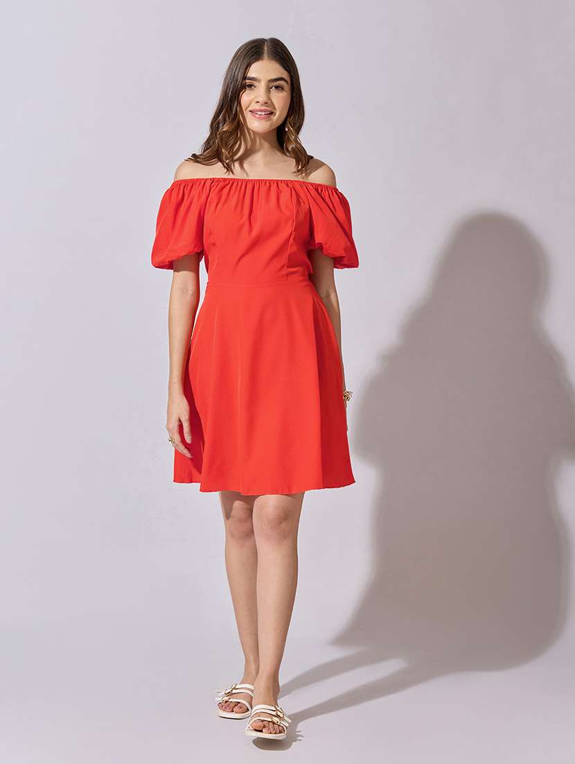 women solid off shoulder back tie fit & flare dress