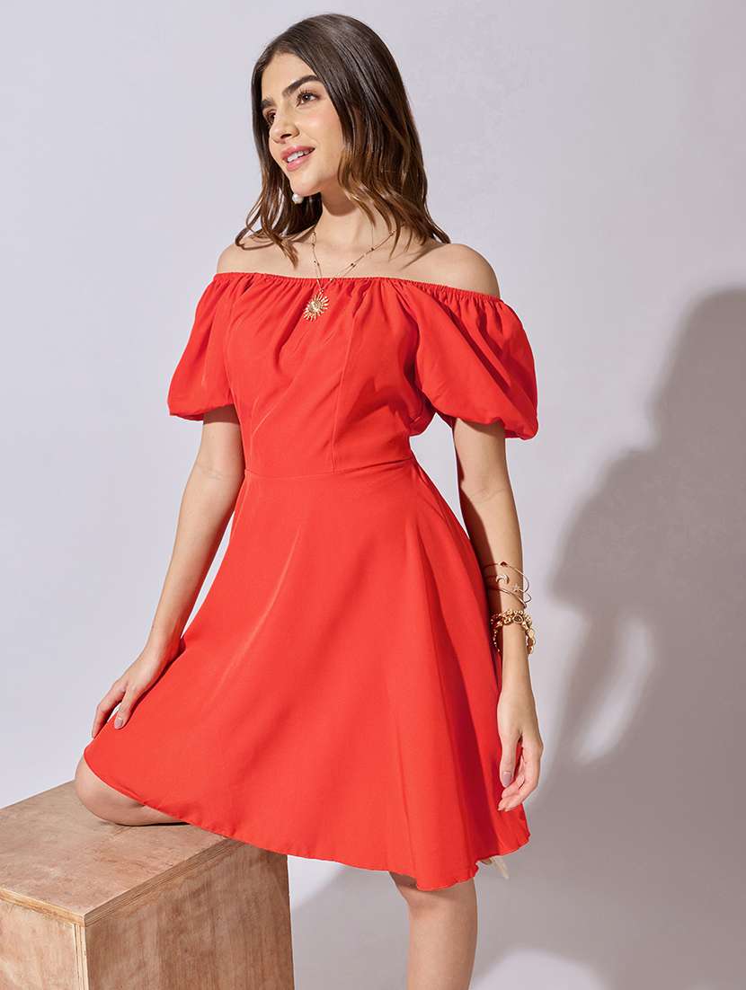 women solid off shoulder back tie fit & flare dress - 22381215 -  Standard Image - 5
