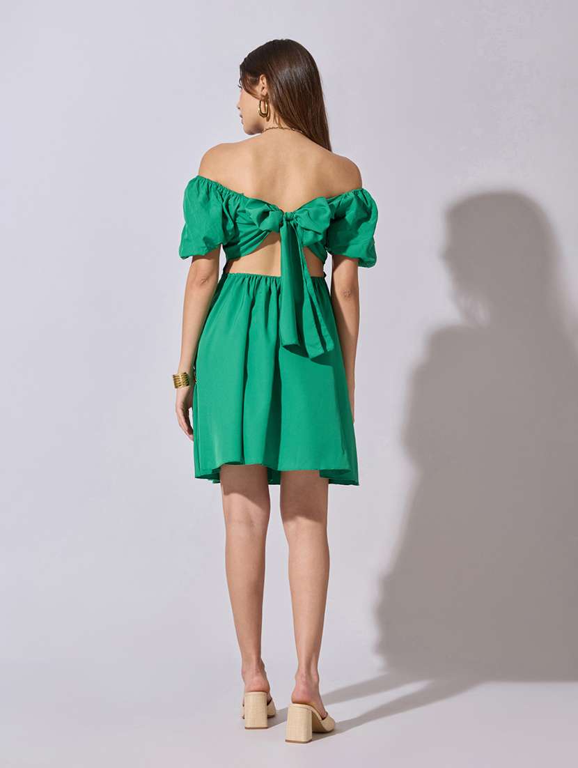 women solid off shoulder back tie fit & flare dress - 22381216 -  Standard Image - 3
