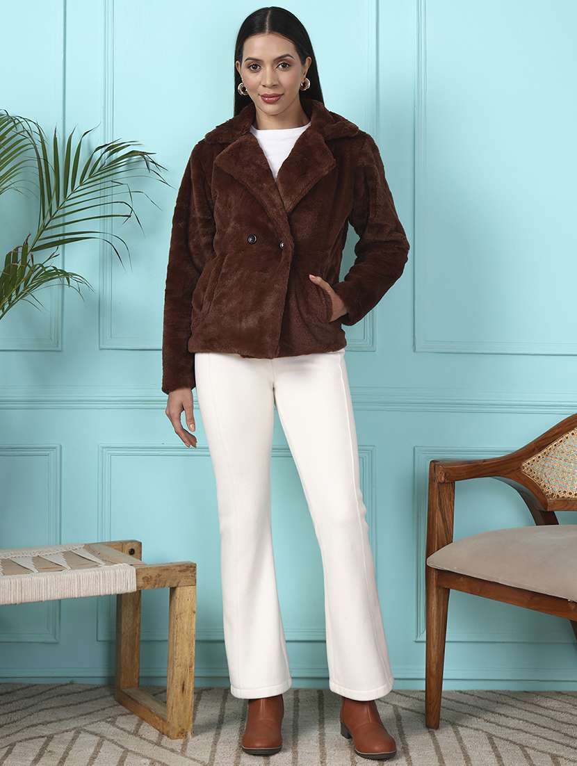 women solid long sleeve fur coat - 22381282 -  Standard Image - 5