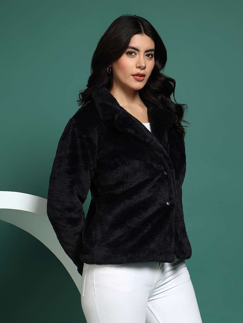 women solid lapel collar long sleeve fur coat - 22381288 -  Standard Image - 3