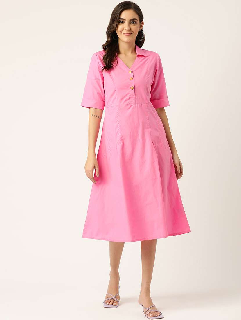 women solid short sleeve collared a-line dress