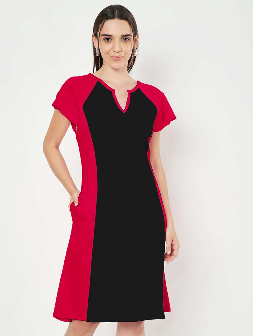 women color blocked long sleeve a-line dress