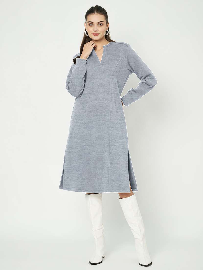 womene solid long sleeve a-line dress