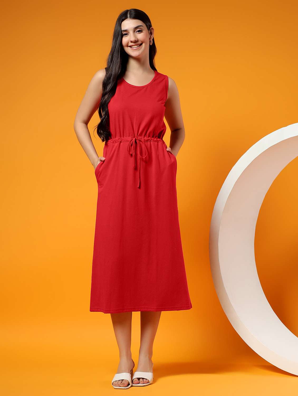 women solid sleeveless a-line dress