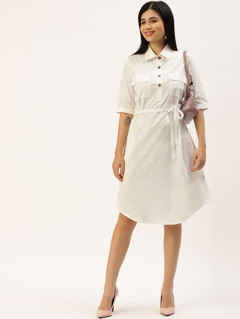 women solid three quarter sleeve a-line dress