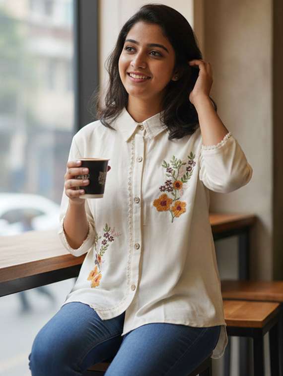 women embroidered mandarin collar regular shirt