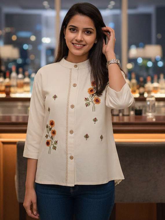 women embroidered mandarin collar regular shirt