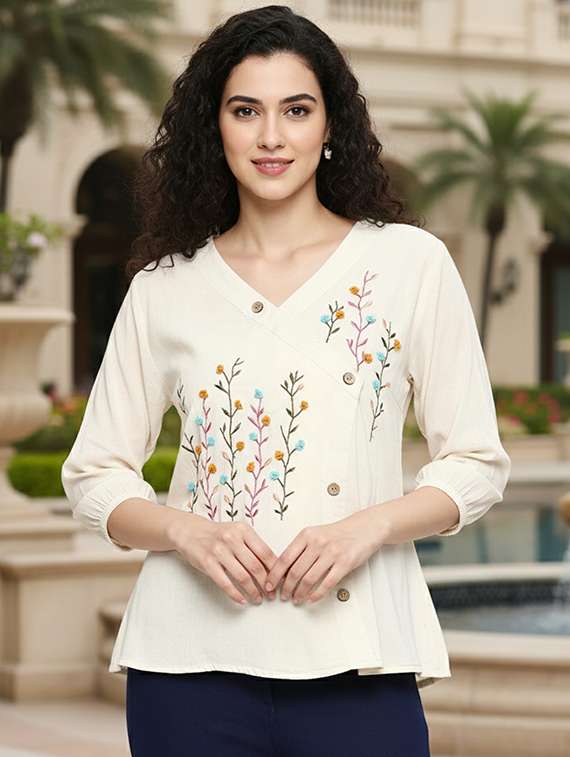 women embroidered three quarter sleeve top