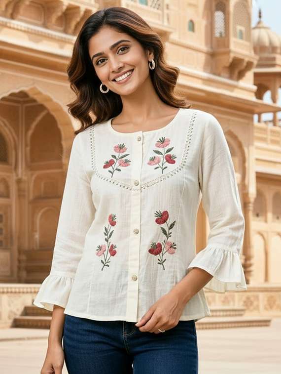 women embroidered bell sleeve shirt top