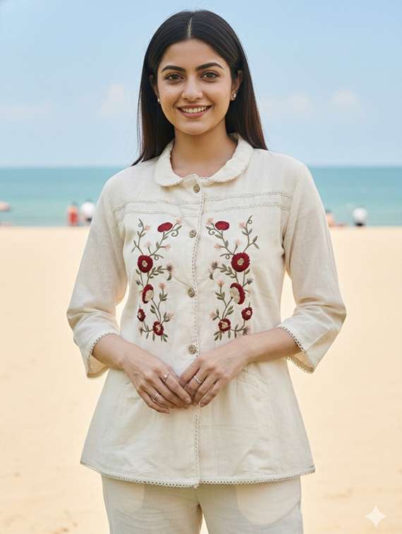 women embroidered mandarin collar regular shirt