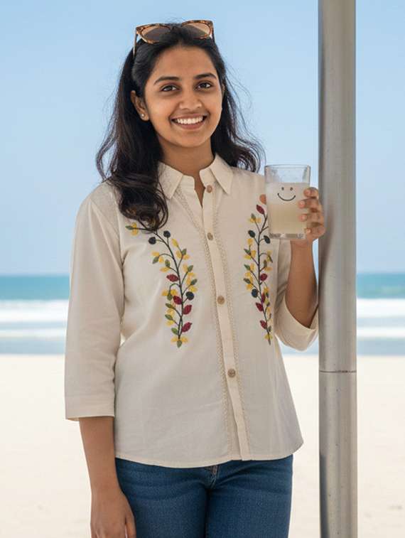 women embroidered mandarin collar regular shirt