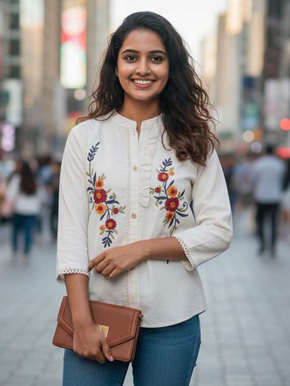 women embroidered mandarin collar regular shirt