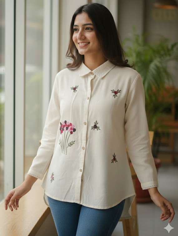 women embroidered mandarin collar regular shirt