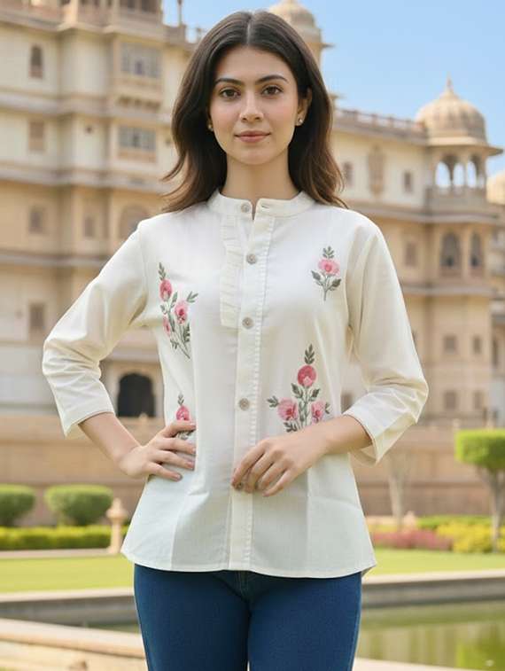 women embroidered mandarin collar regular shirt
