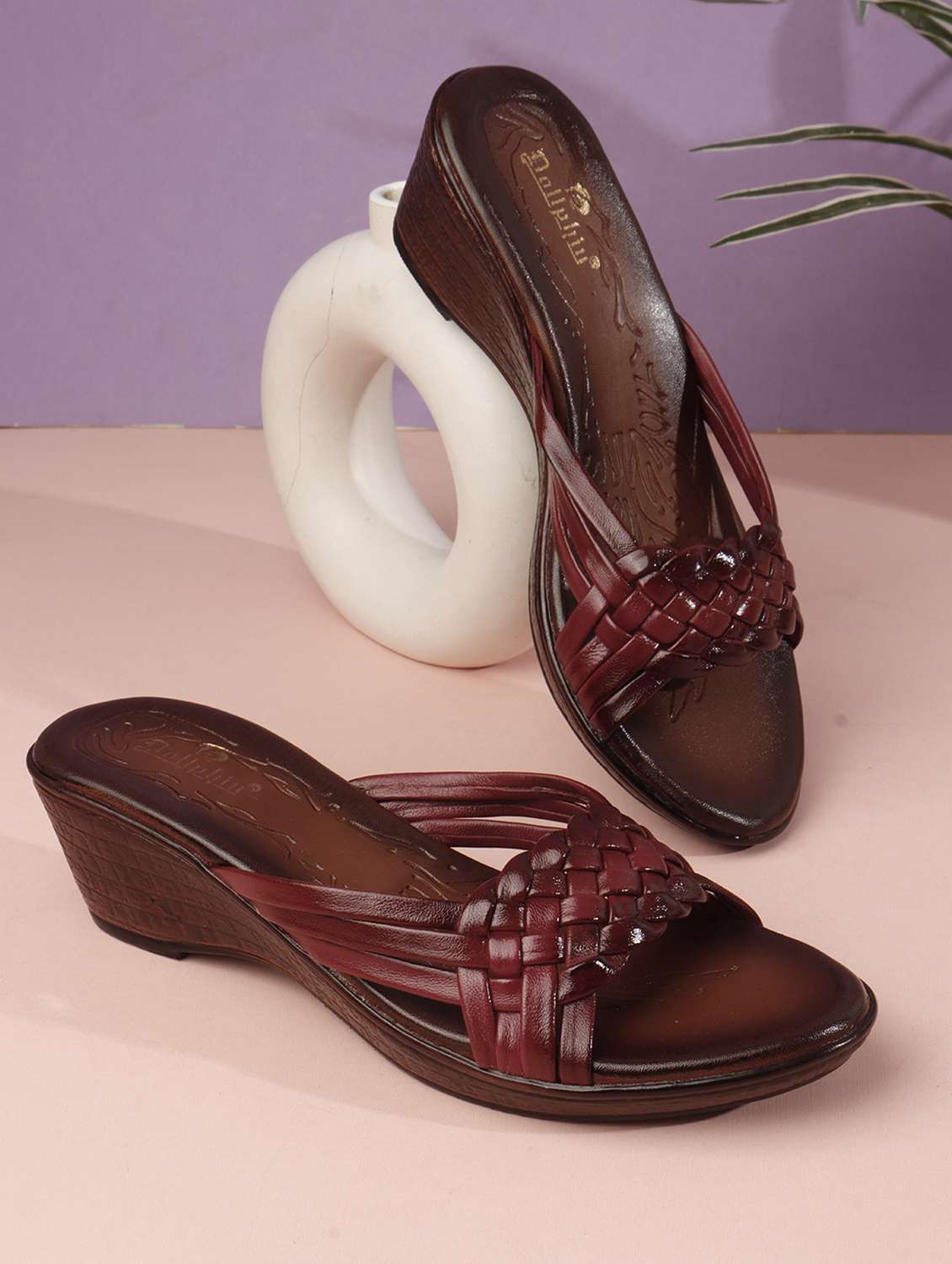 women maroon slip on wedge