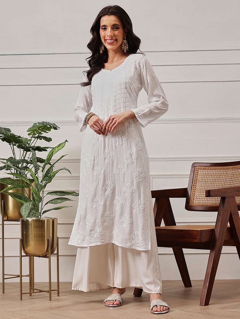 women chikankari three quarter sleeve straight kurta