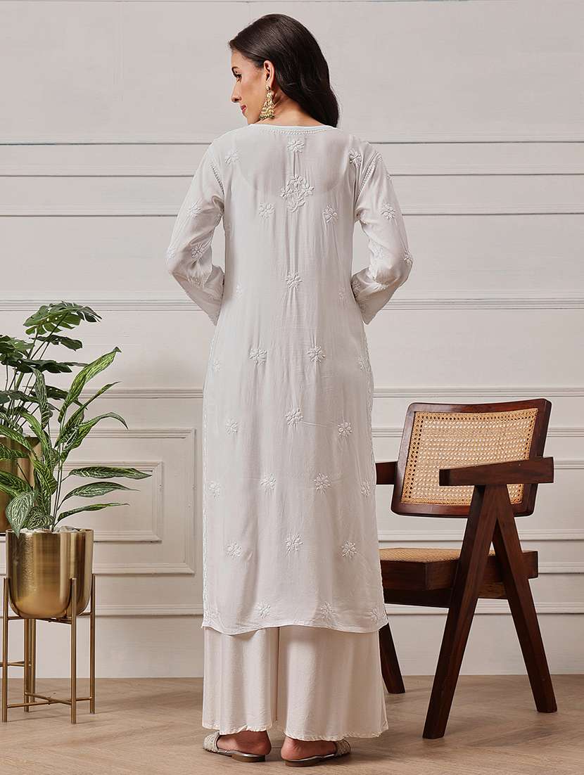 women chikankari three quarter sleeve straight kurta - 22381623 -  Standard Image - 3