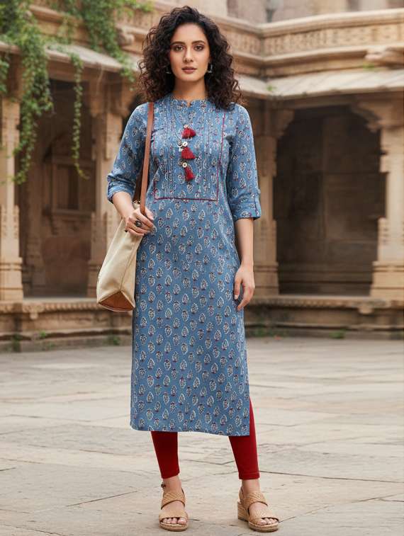 women printed three quarter sleeve straight kurta