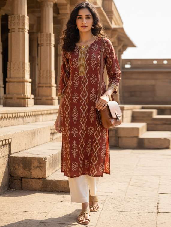 women printed three quarter sleeve straight kurta