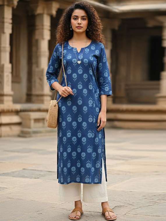 women printed three quarter sleeve straight kurta