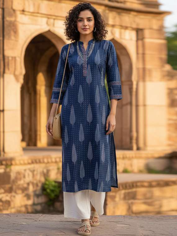 women printed three quarter sleeve straight kurta