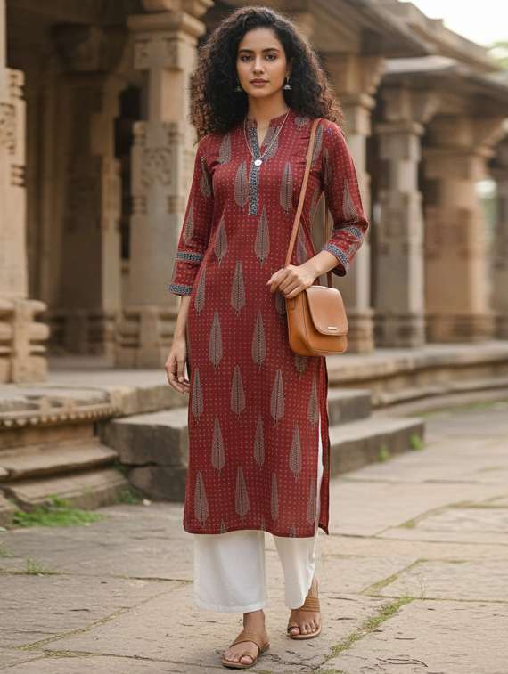 women printed three quarter sleeve straight kurta