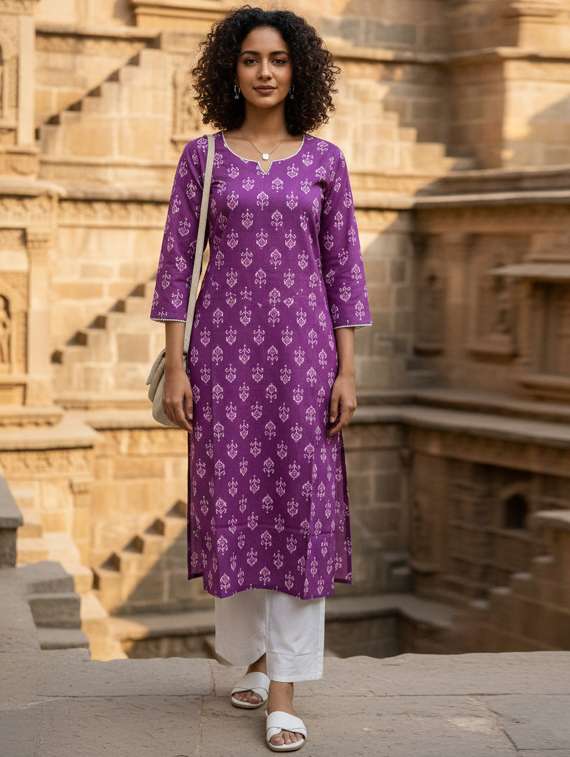 women printed three quarter sleeve straight kurta