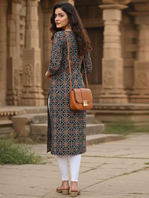 women printed three quarter sleeve straight kurta - 22381647 -  Standard Image - 3