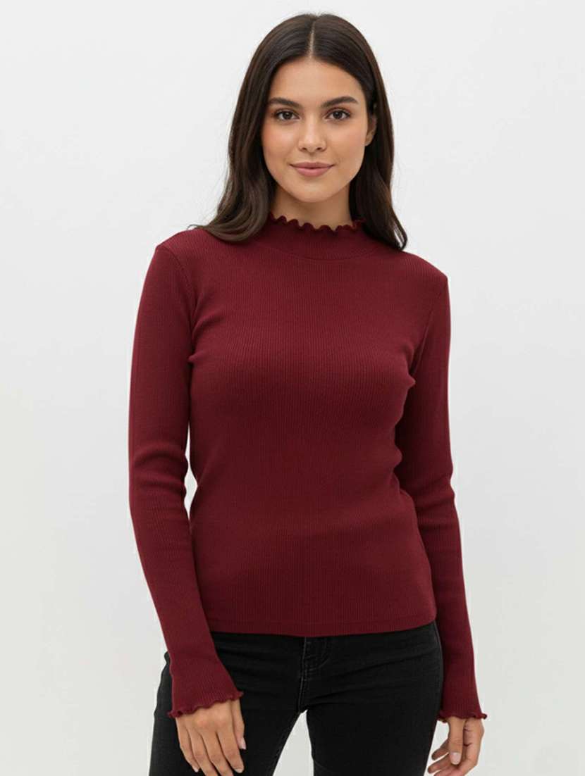 women solid mock neck long sleeve top