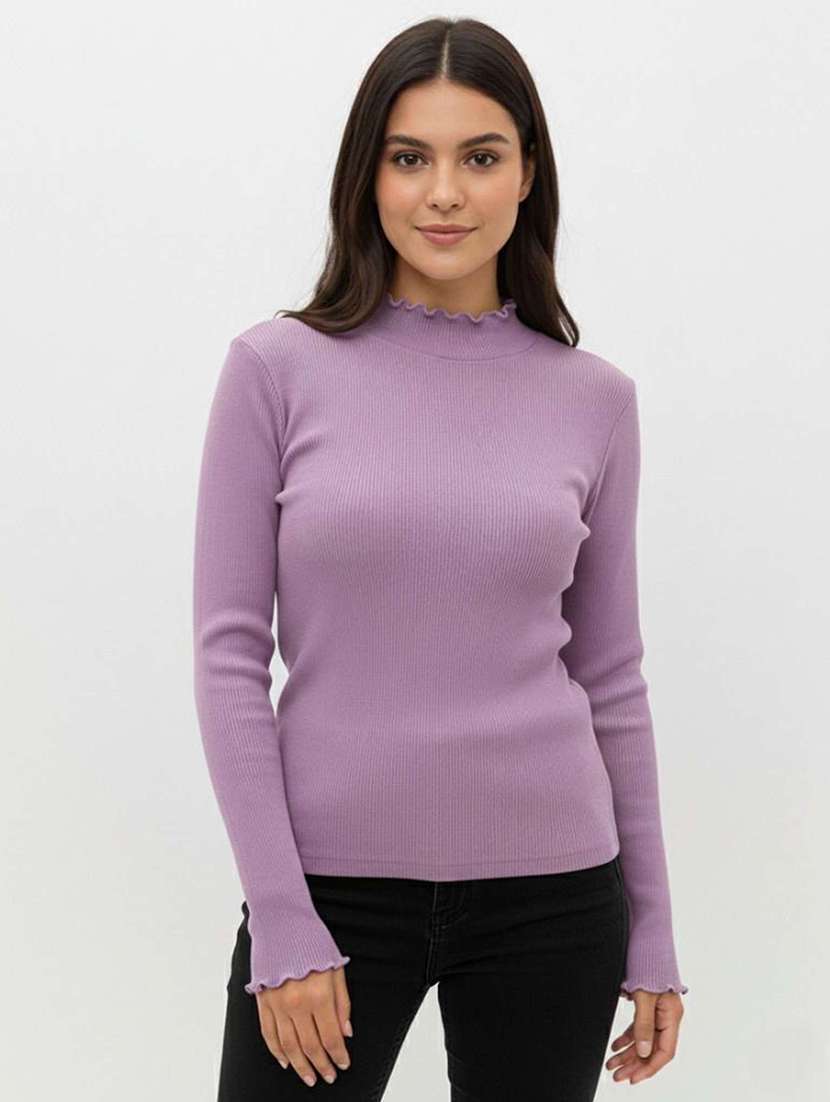 women solid mock neck long sleeve top