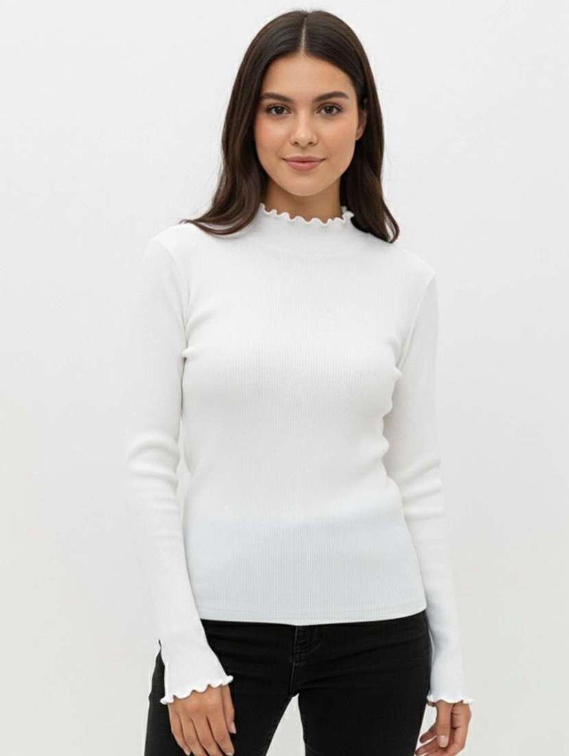 women solid mock neck long sleeve top