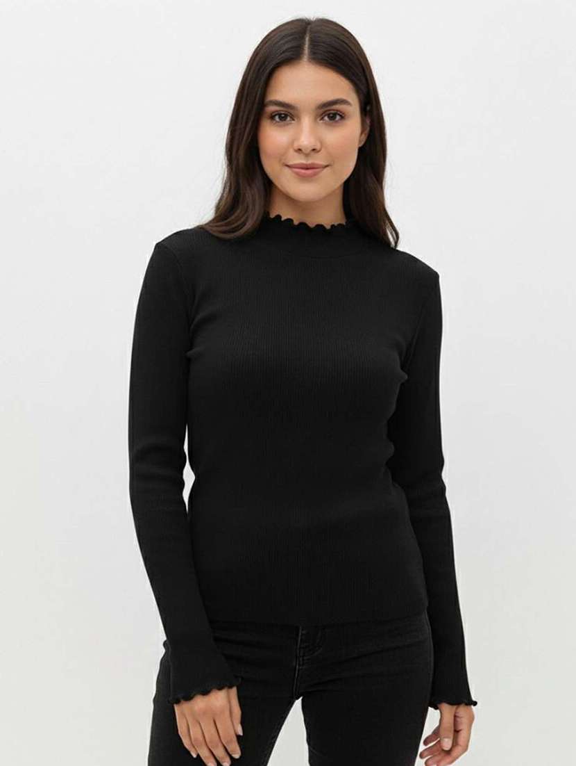 women solid mock neck long sleeve top